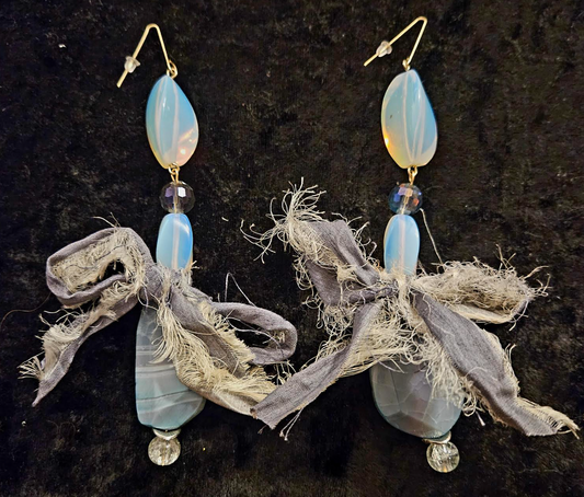 Agate Moonstone & Distressed Sari Silk Bow Pierced Earrings - Avant Garde Gemstone and Textile Drop Ear Candy - Exotic Opalescent Dangle Earrings -  Kat Kouture