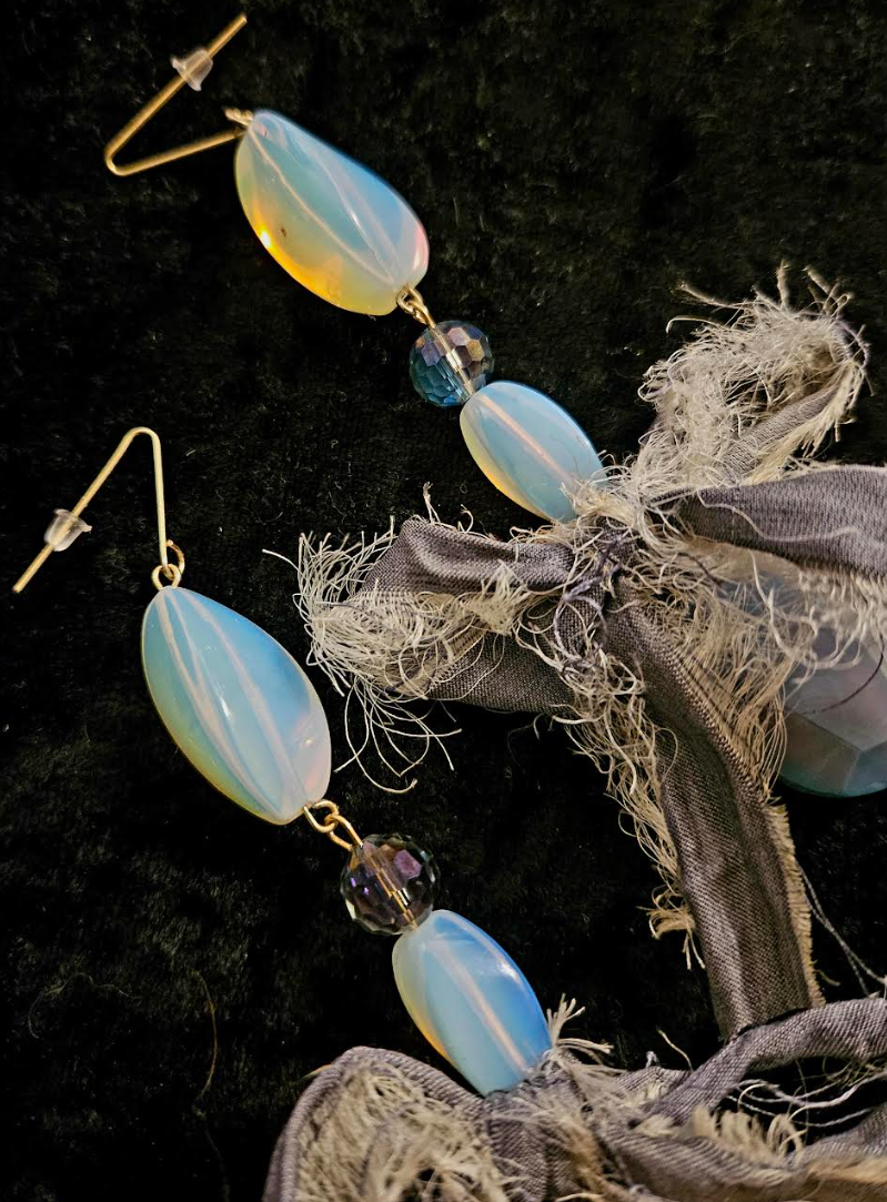 Agate Moonstone & Distressed Sari Silk Bow Pierced Earrings - Avant Garde Gemstone and Textile Drop Ear Candy - Exotic Opalescent Dangle Earrings -  Kat Kouture