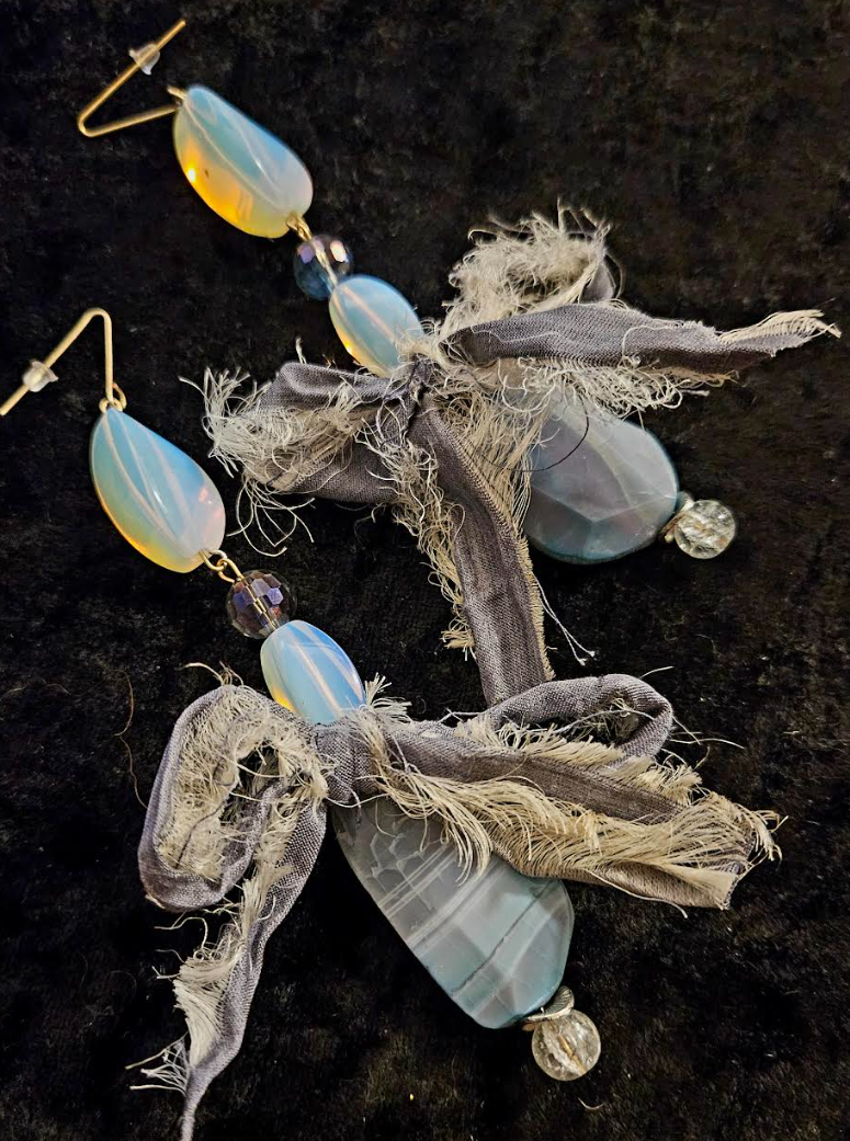 Agate Moonstone & Distressed Sari Silk Bow Pierced Earrings - Avant Garde Gemstone and Textile Drop Ear Candy - Exotic Opalescent Dangle Earrings -  Kat Kouture