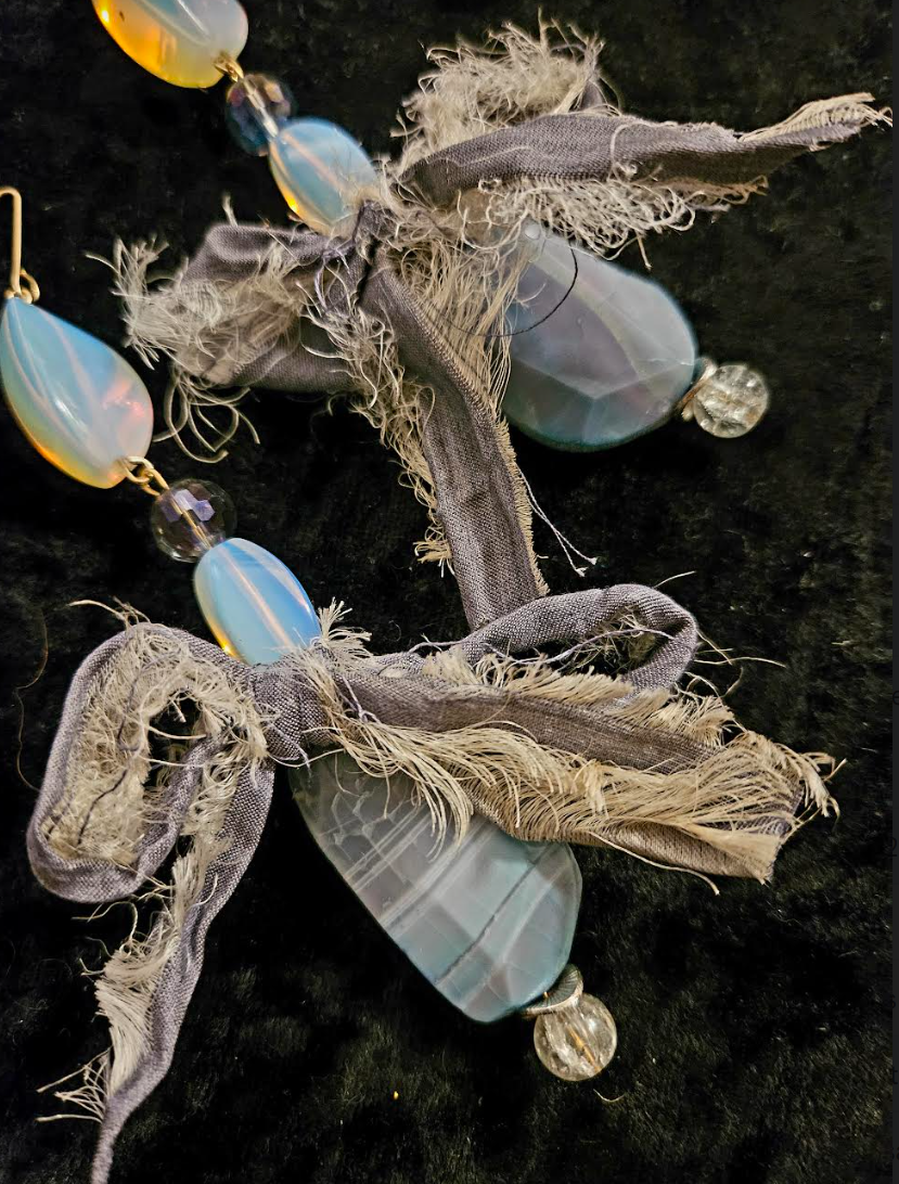 Agate Moonstone & Distressed Sari Silk Bow Pierced Earrings - Avant Garde Gemstone and Textile Drop Ear Candy - Exotic Opalescent Dangle Earrings -  Kat Kouture