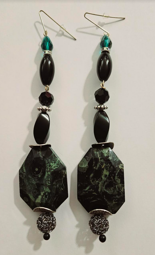 Kambaba Jasper & Black Polished Agate Shoulder Dusters - Stone of Peace & Tranquility Long Pierced Earrings - Dark Green and Black Dangle Ear Candy - Kat Kouture