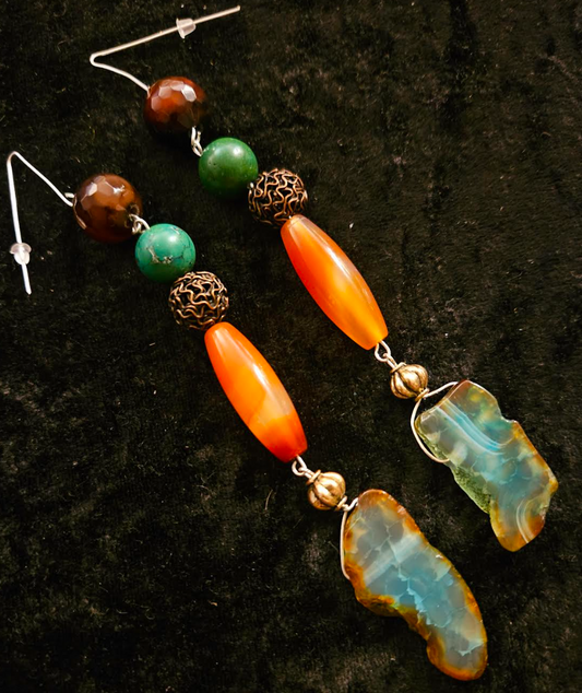 Autumn Inspired Gemstone Shoulder Dusters - Green Orange & Brown Beaded Long Pierced Earrings - Haute Couture Ear Candy - Kat Kouture Jewelry