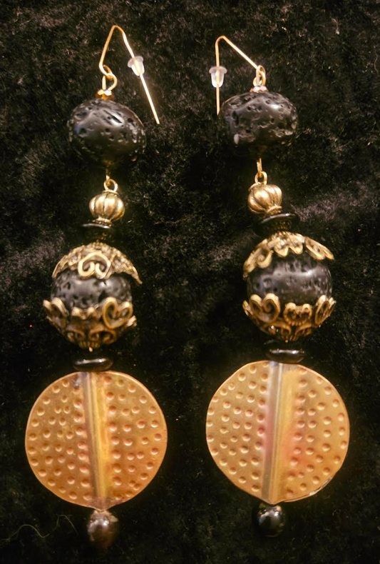 Rough Black Lava & Gold Metal Dangle Pierced Earrings - Rich Elegant Posh Ear Candy - Kat Kouture Jewelry