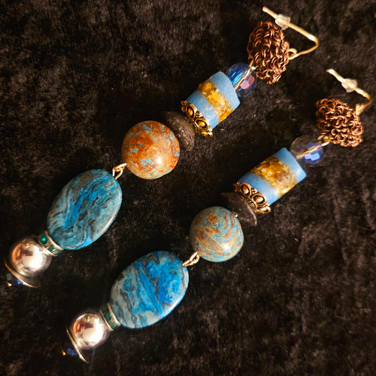 Agate Jasper & African Glass Long Beaded Pierced Earrings - OOAK Wearable Art Ear Candy - Blue Brown and Copper Shoulder Dusters - Kat Kouture Jewelry