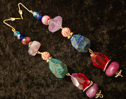 Colorful Mixed Media Beaded Gemstone & Crystal Long Pierced Earrings - Showstopper Shoulder Dusters - Kat Kouture Jewelry - OOAK Wearable Art Ear Candy