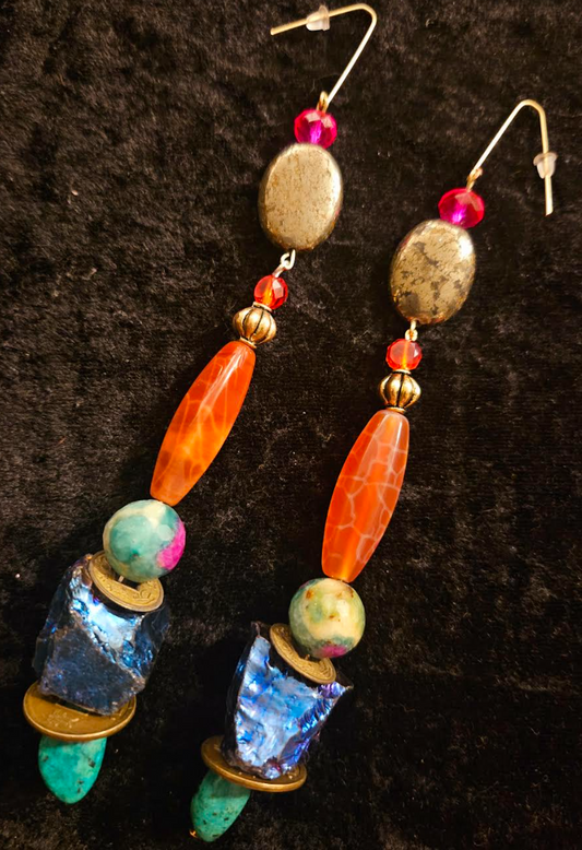 Long and Colorful Mixed Gemstone Pierced Earrings - Quartz Agate & Pyrite Shoulder Dusters - Bold and Chunky Stone Shoulder Dusters - Kat Kouture Jewelry