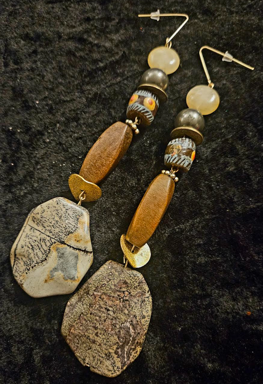 Earth Tone Jasper Wood & Glass Shoulder Dusters - Brown Earthy Long Pierced Earrings - Autumn Wardrobe Ear Candy - Kat Kouture Jewelry