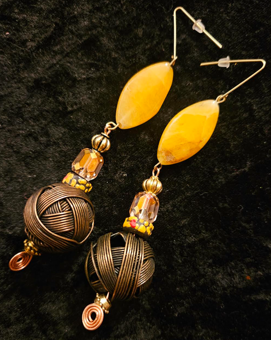 Big Copper Wire Ball & Crystal Drop Pierced Earrings - Earth Tone Autumn Ear Candy - 1960's Inspired Mod Earrings - Kat Kouture Jewelry