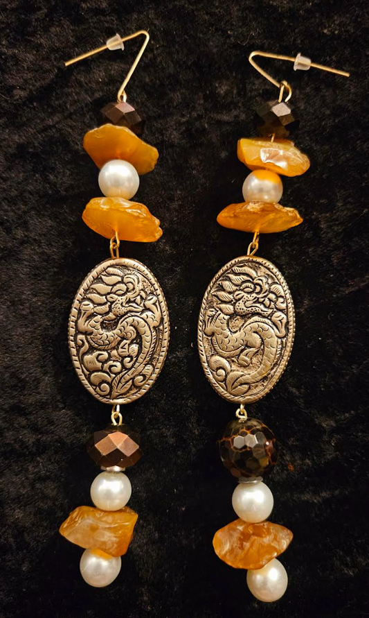 Exotic Faux Pearl Rough Carnelian & Tribal Dragon Shoulder Dusters - Asian Inspired Long Pierced Earrings - Haute Couture Wearable Art Ear Candy - Kat Kouture Jewelry