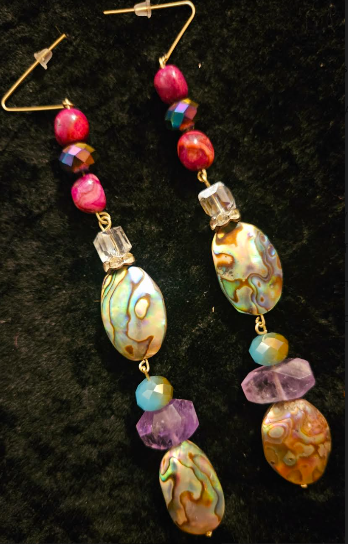 Abalone & Mixed Gemstone Long Dangle Pierced Earrings - Mother of Pearl Amethyst and Agate Shoulder Duster Earrings - Kat Kouture Jewelry - Runway Ready Ear Candy