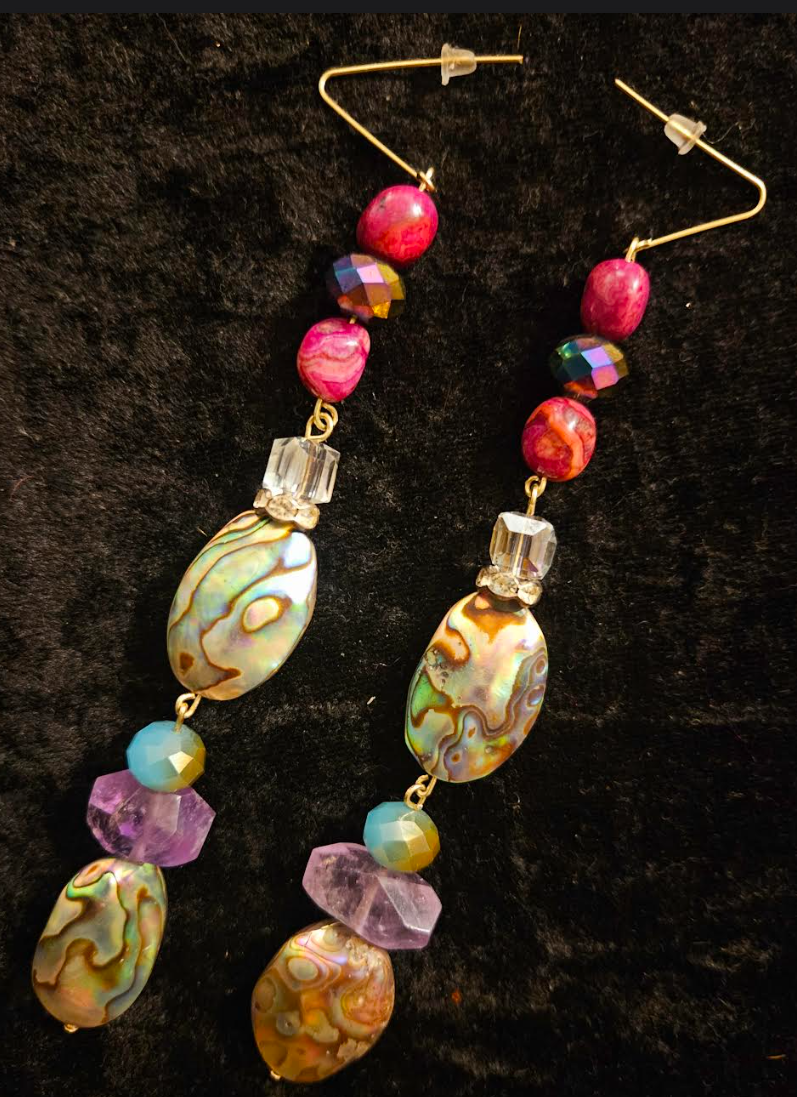 Abalone & Mixed Gemstone Long Dangle Pierced Earrings - Mother of Pearl Amethyst and Agate Shoulder Duster Earrings - Kat Kouture Jewelry - Runway Ready Ear Candy