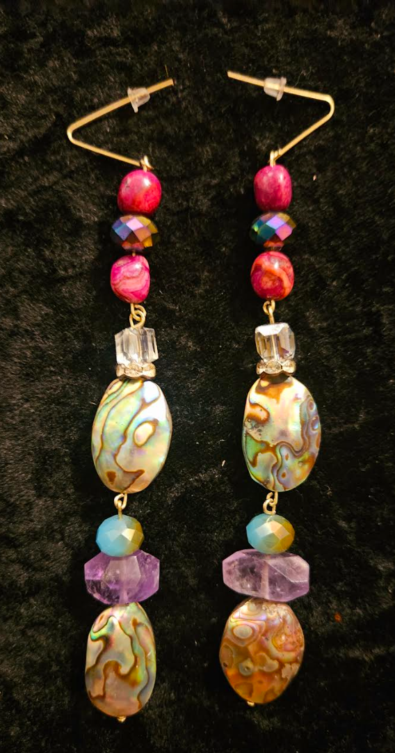 Abalone & Mixed Gemstone Long Dangle Pierced Earrings - Mother of Pearl Amethyst and Agate Shoulder Duster Earrings - Kat Kouture Jewelry - Runway Ready Ear Candy