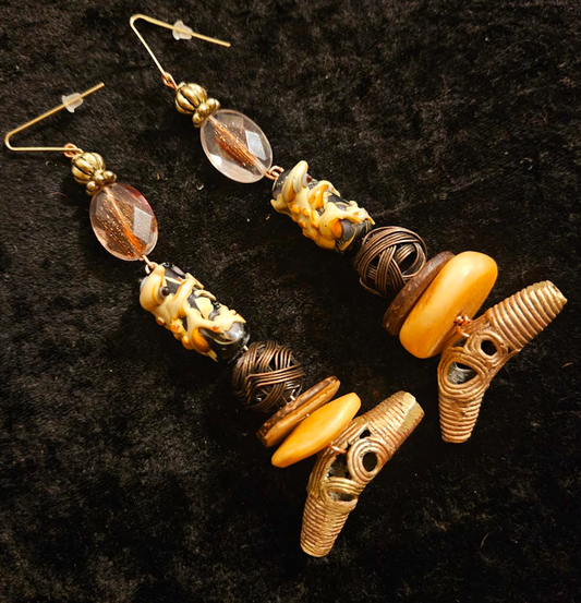 African Tribal Inspired Lost Wax Brass Pierced Earrings - Exotic Frog Beaded Artisan Ear Candy - Autumn Wardrobe Shoulder Dusters - Kat Kouture Jewelry