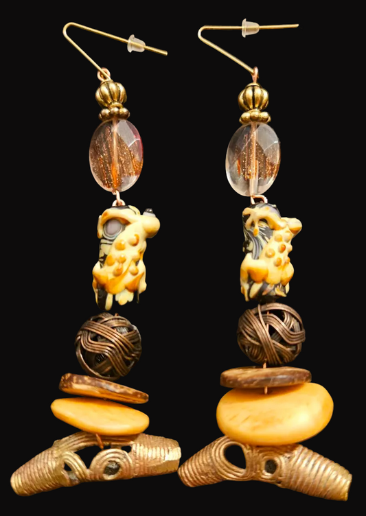African Tribal Lost Wax Brass & Gecko Lizard Pierced Statement Earrings