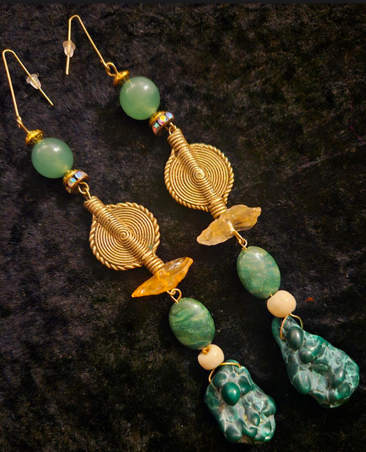 Malachite Citrine and Lost Wax Brass Shoulder Duster Earrings - Green Gemstone and Gold Extra Long Ear Candy - Haute Couture Artisan Earrings - Kat Kouture Jewelry