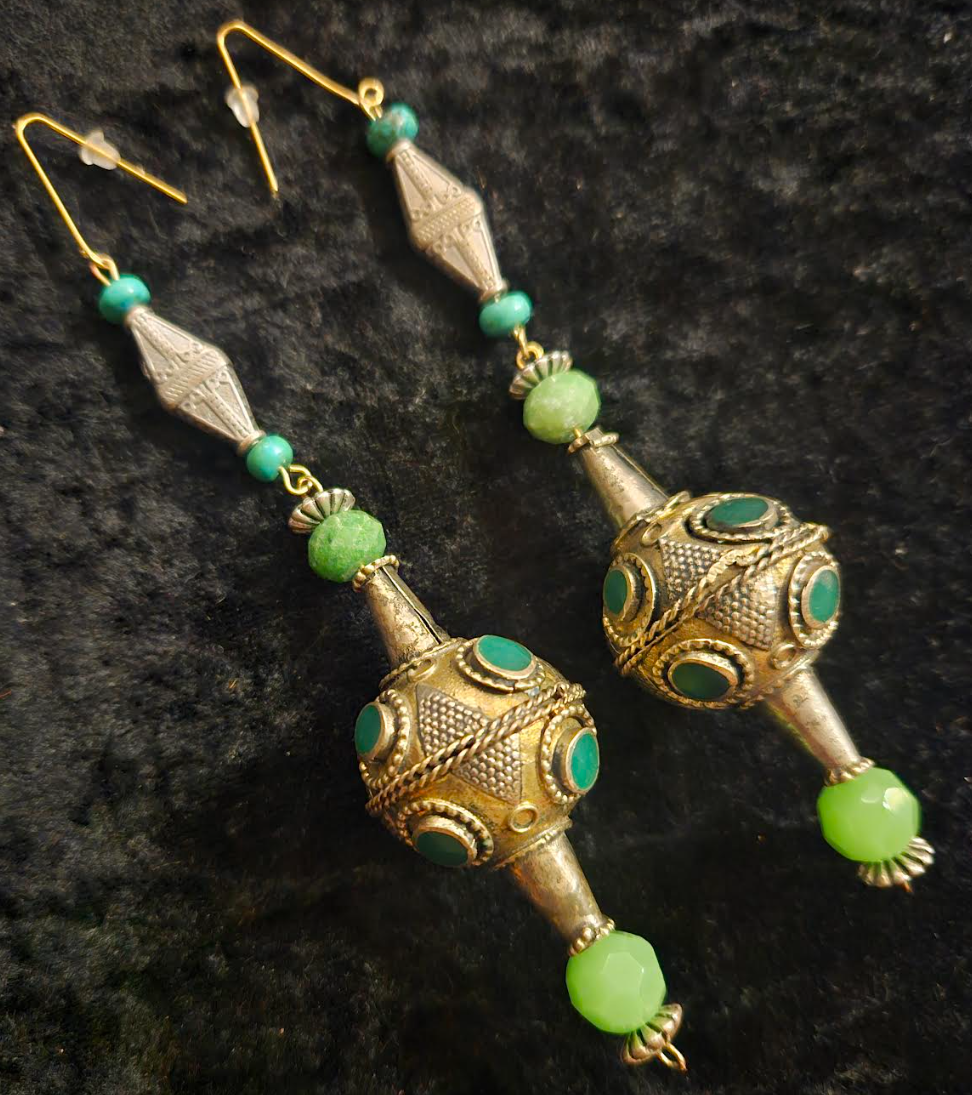 Afghani Pakistani Tribal Beaded Pierced Earrings - Silver and Green Shoulder Dusters - Kat Kouture Jewelry