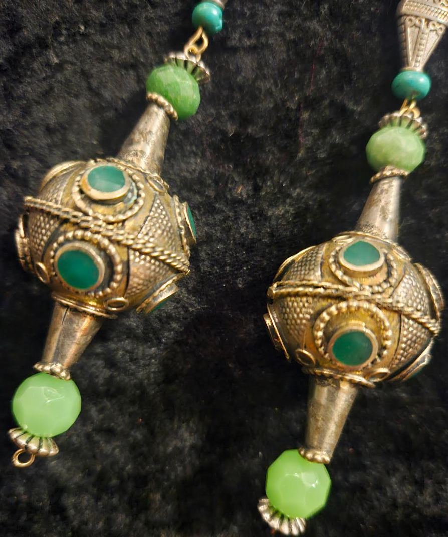 Afghani Pakistani Tribal Beaded Pierced Earrings - Silver and Green Shoulder Dusters - Kat Kouture Jewelry