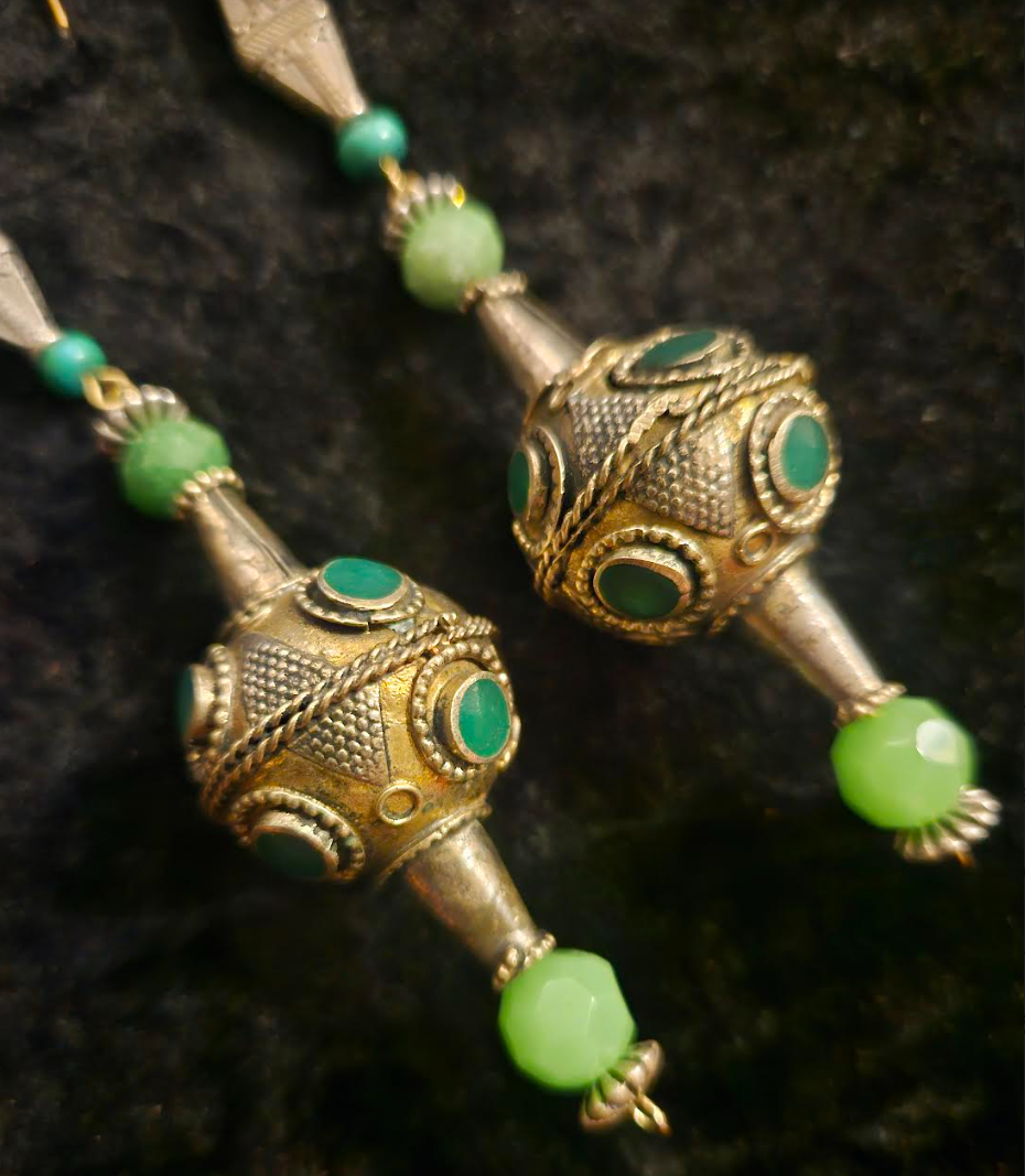 Afghani Pakistani Tribal Beaded Pierced Earrings - Silver and Green Shoulder Dusters - Kat Kouture Jewelry