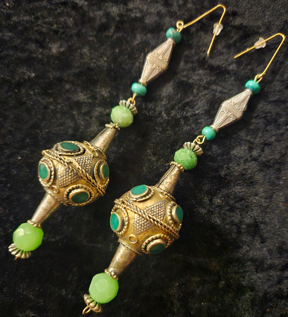 Afghani Pakistani Tribal Beaded Pierced Earrings - Silver and Green Shoulder Dusters - Kat Kouture Jewelry