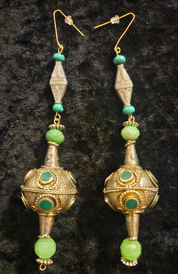 Afghani Pakistani Tribal Beaded Pierced Earrings - Silver and Green Shoulder Dusters - Kat Kouture Jewelry