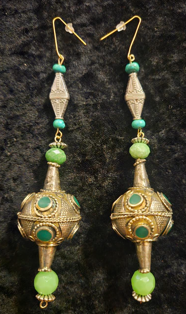 Afghani Pakistani Tribal Beaded Pierced Earrings - Silver and Green Shoulder Dusters - Kat Kouture Jewelry