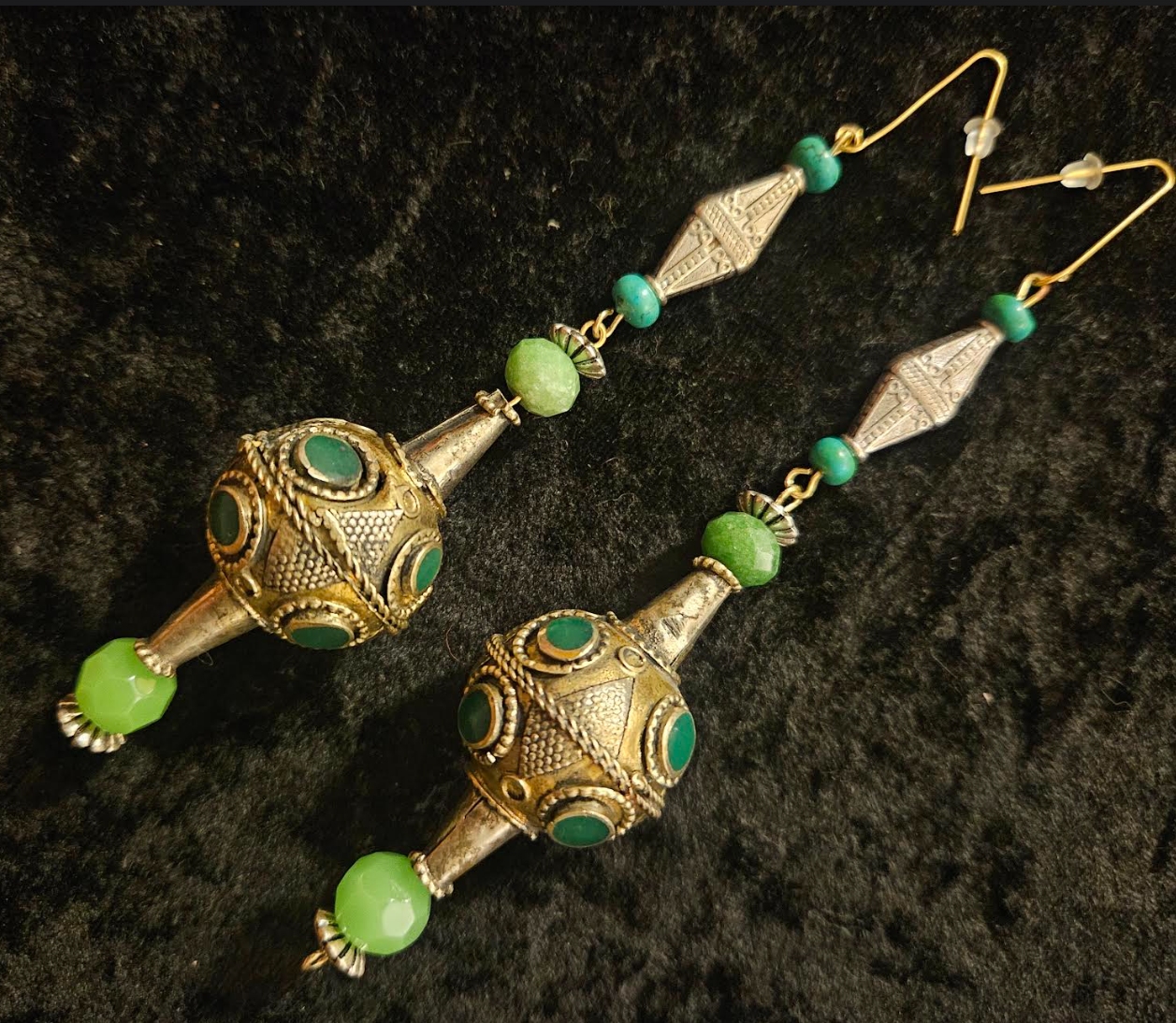 Afghani Pakistani Tribal Beaded Pierced Earrings - Silver and Green Shoulder Dusters - Kat Kouture Jewelry