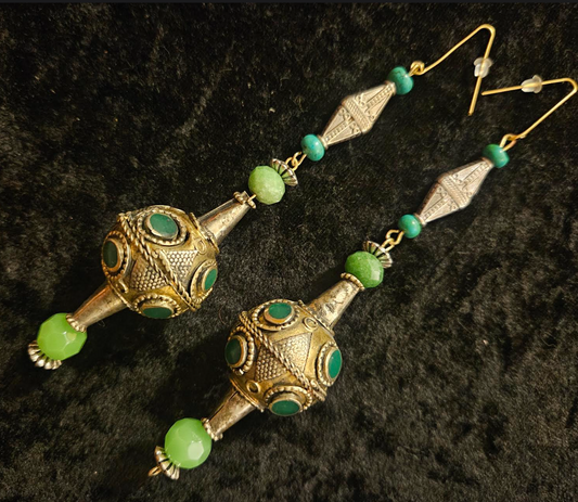 Afghani Pakistani Tribal Beaded Pierced Earrings - Silver and Green Shoulder Dusters - Kat Kouture Jewelry