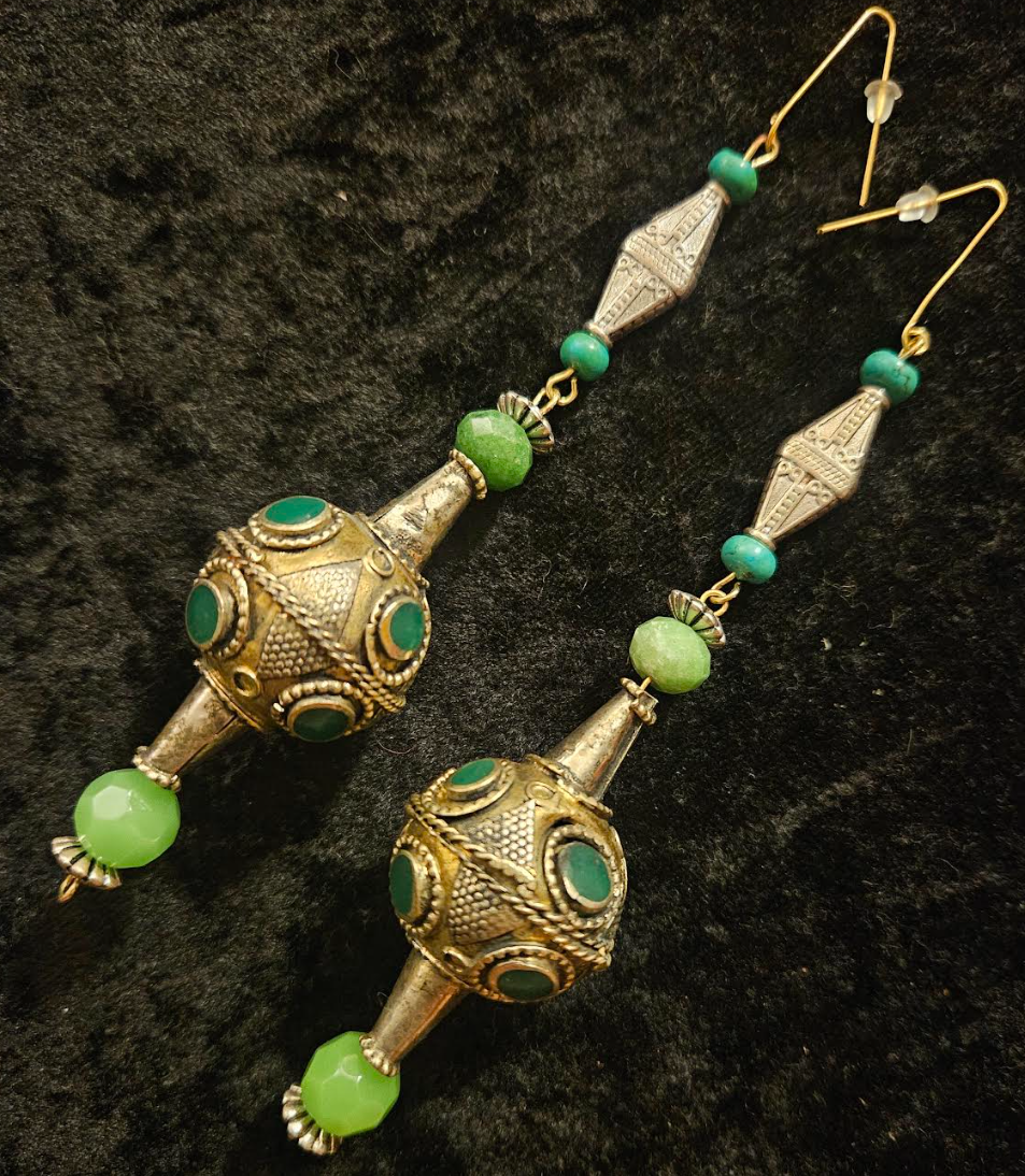 Afghani Pakistani Tribal Beaded Pierced Earrings - Silver and Green Shoulder Dusters - Kat Kouture Jewelry