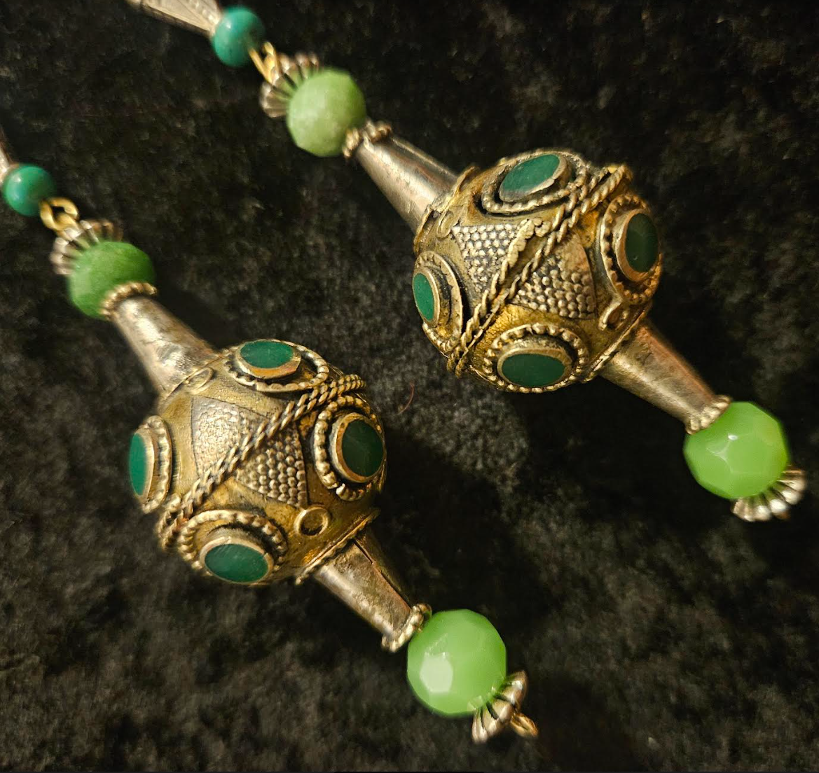 Afghani Pakistani Tribal Beaded Pierced Earrings - Silver and Green Shoulder Dusters - Kat Kouture Jewelry