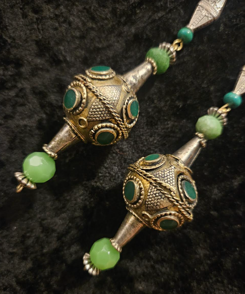 Afghani Pakistani Tribal Beaded Pierced Earrings - Silver and Green Shoulder Dusters - Kat Kouture Jewelry