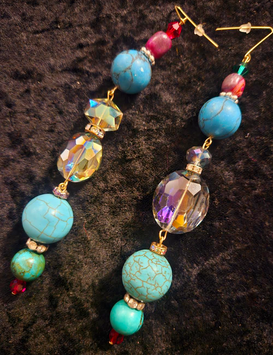 Mixed Beaded Shoulder Dusters - Blue Magnesite & Crystal Long Pierced Earrings - Bold and Colorful Summer Ear Candy - Kat Kouture Jewelry