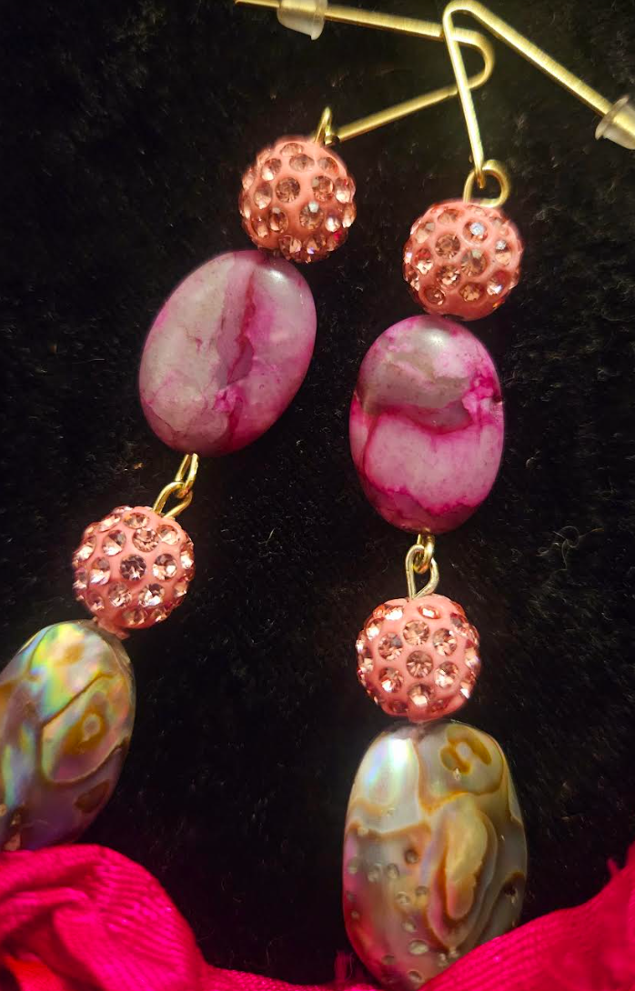 Abalone Shell Pink Pave Rhinestone & Distressed Sari Silk Ribbon Shoulder Dusters - OOAK Artisian Long Pierced Ear Candy - Pink and Fuchsia Long Pierced Bow Earrings - Kat Kouture Jewelry