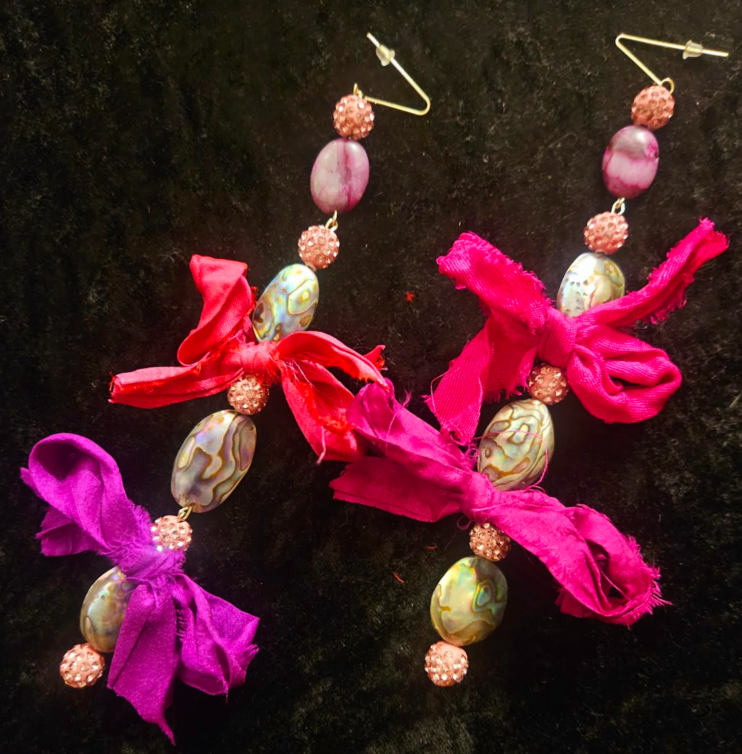 Abalone Shell Pink Pave Rhinestone & Distressed Sari Silk Ribbon Shoulder Dusters - OOAK Artisian Long Pierced Ear Candy - Pink and Fuchsia Long Pierced Bow Earrings - Kat Kouture Jewelry