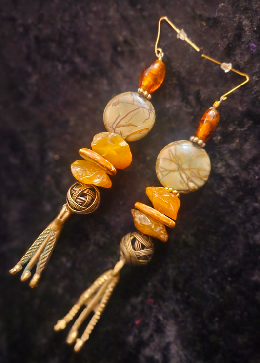 African Inspired Mixed Media Autumn Tribal Shoulder Dusters - Haute Couture Jasper Carnelian & Brass Extra Long Pierced Earrings - Ear Candy for Women of Color - Kat Kouture Jewelry