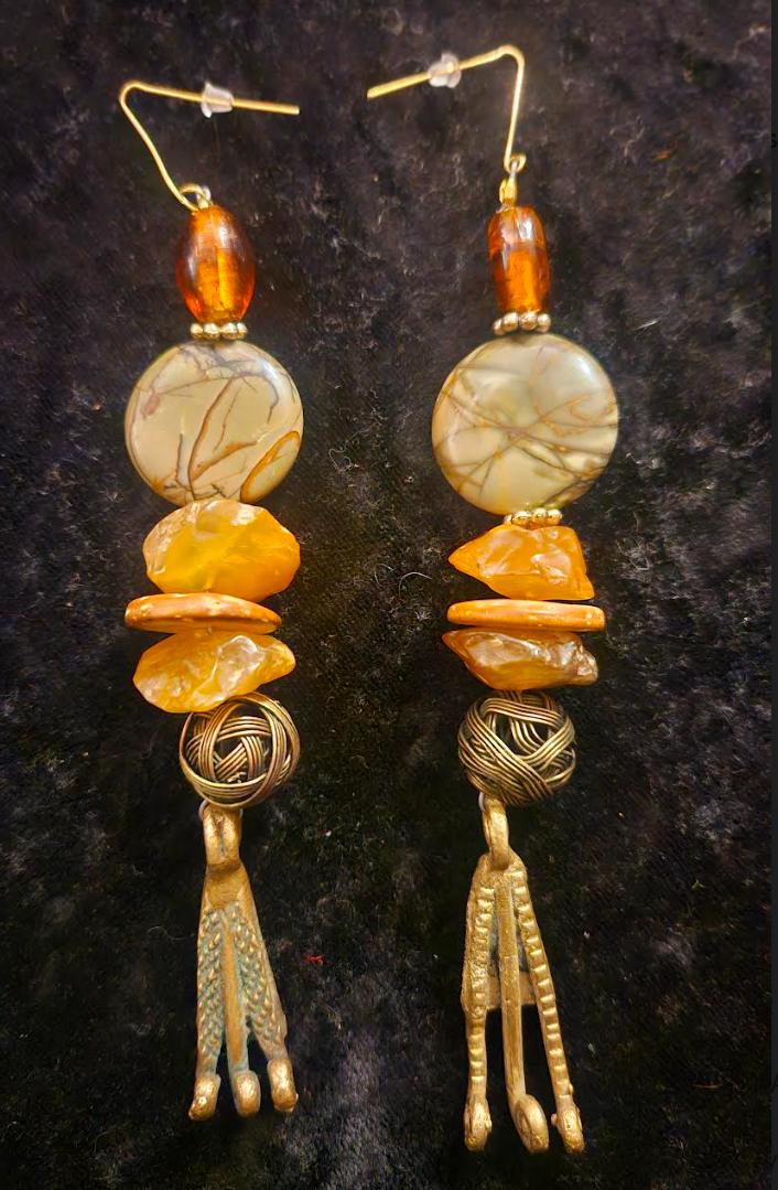 African Inspired Mixed Media Autumn Tribal Shoulder Dusters - Haute Couture Jasper Carnelian & Brass Extra Long Pierced Earrings - Ear Candy for Women of Color - Kat Kouture Jewelry