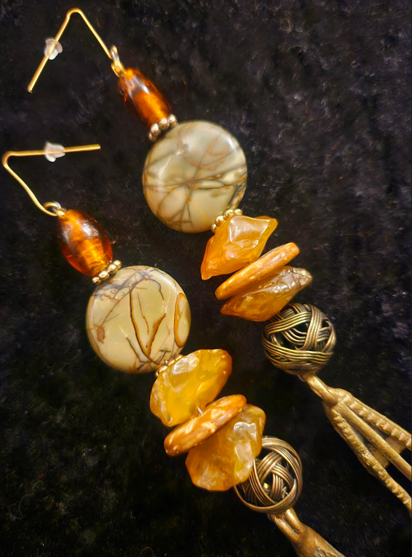 African Inspired Mixed Media Autumn Tribal Shoulder Dusters - Haute Couture Jasper Carnelian & Brass Extra Long Pierced Earrings - Ear Candy for Women of Color - Kat Kouture Jewelry