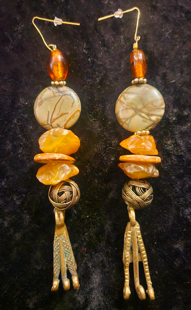 African Inspired Mixed Media Autumn Tribal Shoulder Dusters - Haute Couture Jasper Carnelian & Brass Extra Long Pierced Earrings - Ear Candy for Women of Color - Kat Kouture Jewelry