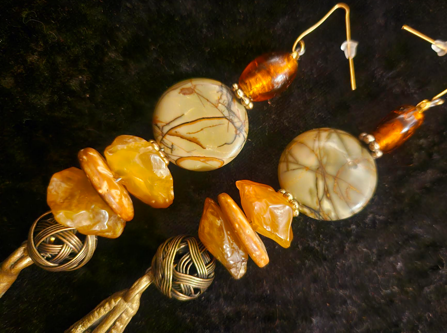 African Inspired Mixed Media Autumn Tribal Shoulder Dusters - Haute Couture Jasper Carnelian & Brass Extra Long Pierced Earrings - Ear Candy for Women of Color - Kat Kouture Jewelry