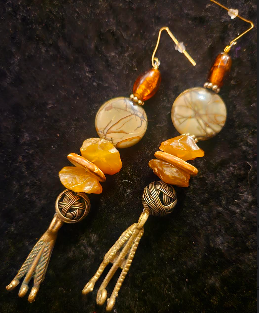 African Inspired Mixed Media Autumn Tribal Shoulder Dusters - Haute Couture Jasper Carnelian & Brass Extra Long Pierced Earrings - Ear Candy for Women of Color - Kat Kouture Jewelry