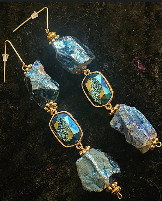 Blue Titanium Rough Quartz & Druzy Chunky Long Pierced Earrings - Metallic Blue and Gold Gemstone Shoulder Dusters - Kat Kouture Jewelry - Catwalk Ready Ear Candy