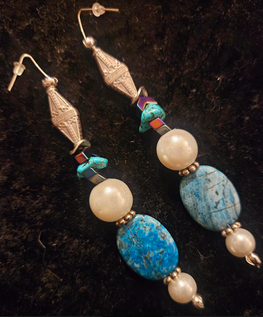 Blue Jasper and Faux Pearl Long Beaded Pierced Earrings - Blue White & Purple Shoulder Dusters - Cowgirl Styled Ear Candy - Kat Kouture Jewelry