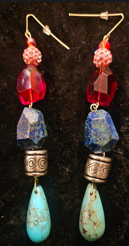 Multi Colored Azurite Malachite Magnesite Beaded Dangle Pierced Earrings - Blue Pink Red Silver & Green Mixed Media Shoulder Dusters - Kat Kouture Jewelry