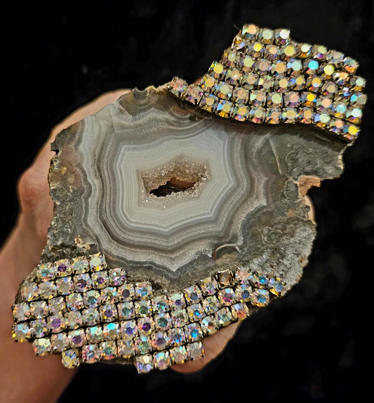 Gray Botswana Slab Agate Rhinestone Adjustable Statement Ring - Bling Bling Hand Ring - Kat Kouture Jewelry - Silver Aurora Borealis Crystal Finger Candy