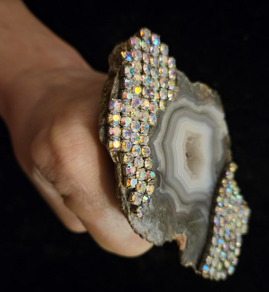 Gray Botswana Slab Agate & Rhinestone Adjustable Statement Ring