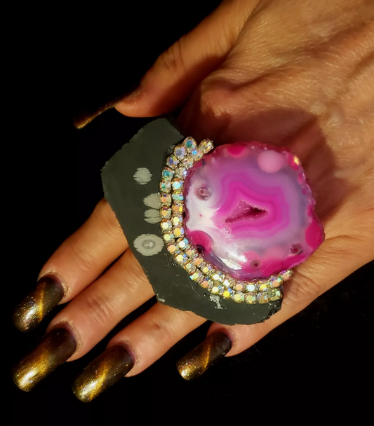 Snowflake Jasper Slab & Pink Druzy Agate Adjustable Statement Ring - Avant Garde Black White and Pink Hand Ring - OOAK Gemstone Finger Candy - Kat Kouture Jewelry