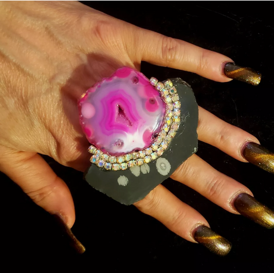 Snowflake Jasper Slab & Pink Druzy Agate Adjustable Statement Ring