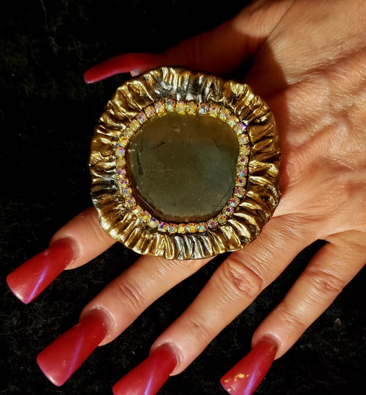 Apache Gold Oversized Sculpted Ruffle Statement Ring - Fools's Gold Pyrite Adjustable Cocktail Ring - Unisex Gemstone Finger Candy - Kat Kouture Jewelry