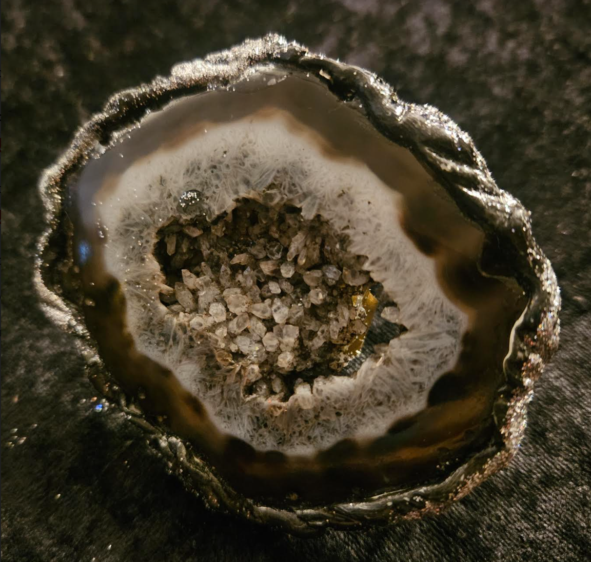 Oversized Black White & Gray Sculpted Druzy Agate Hand Ring - Adjustable Two Finger Unisex Gemstone Statement Ring - Dramatic Crystal Finger Candy - Kat Kouture Jewelry