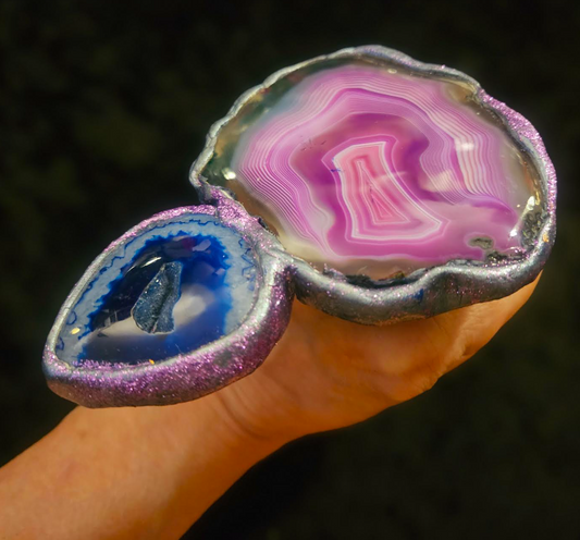 Purple and Blue Double Druzy Agate Sculpted Hand Ring - Finger Candy for Drag Queens - Sculpted Gemstone Two Finger Adjustable Statement Ring - Kat Kouture Jewelry