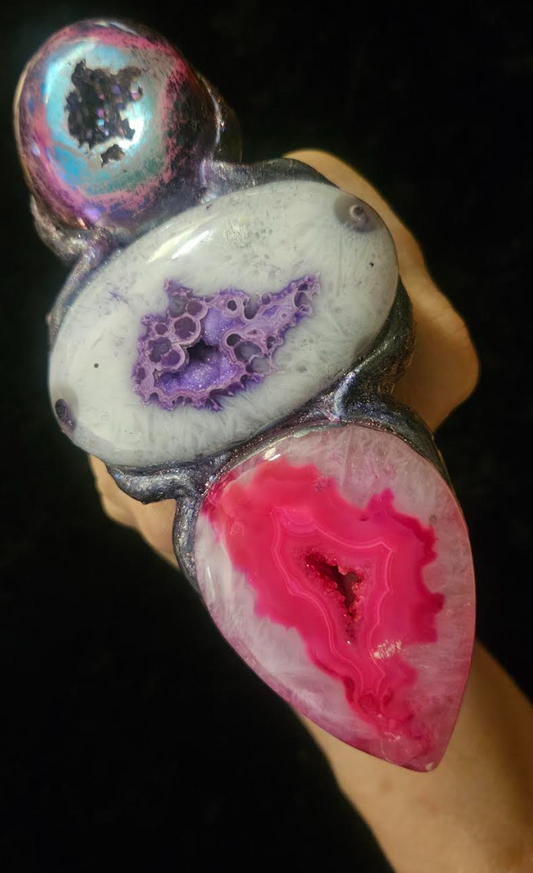 Triple Druzy Agate Adjustable Hand Ring - Heavy Two Finger Sculpted Statement Ring - Gemstone Artisan Power Ring - Kat Kouture Jewelry